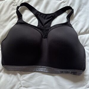 Victoria Sport Black Sports Bra Silver Trim Medium‎ Support Activewear